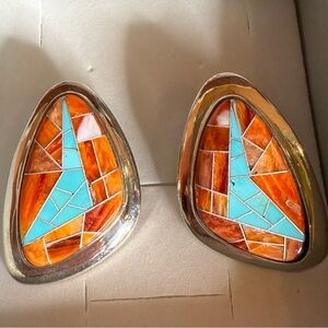 Brian Bruce Sterling spiny oyster and turquoise Geometric pierced Earrings